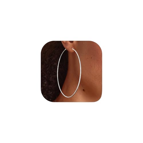 FOCALOOK 14K Gold Plated Lightweight Large Hoops| 2mm Thin Hoop Earrings for Women 30/40/50/70/100mm - color: 01.Silver, size: 100mm