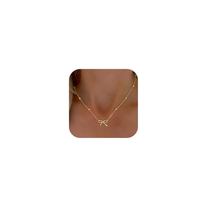Thaivor Necklace for Women Dainty Bow Necklace 14K Gold Plated Cute Choker Small Pendant Charm Necklaces Teen Gift Trendy Stuff Personalized Jewelry Gifts - color: Gold-Bead-6