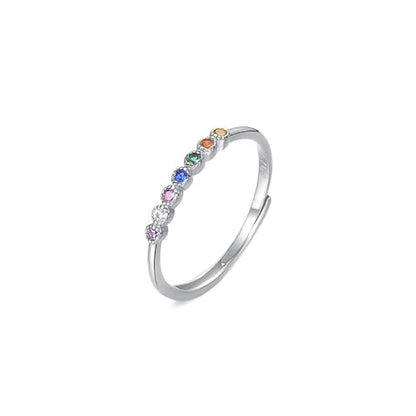 Rainbow Diamond Stacking Thin Ring for Women 925 Sterling Silver Cubic Zirconia Colorful Round Crystal Adjustable Open Statement Finger Bands Eternity Promise Rings Dainty Jewelry Gifts