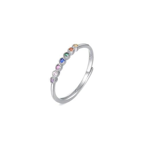 Rainbow Diamond Stacking Thin Ring for Women 925 Sterling Silver Cubic Zirconia Colorful Round Crystal Adjustable Open Statement Finger Bands Eternity Promise Rings Dainty Jewelry Gifts