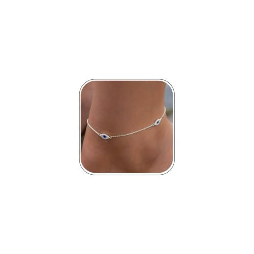 Bheop Ankle Bracelets for Women 14K Gold Silver Plated Waterproof Anklets | Evil Eye Pearl Heart Conch Shell Charm, Boho Adjustable Foot Chain, Dainty Summer Beach Jewelry Gifts, Non Tarnish - color: SL-Three Evil Eye