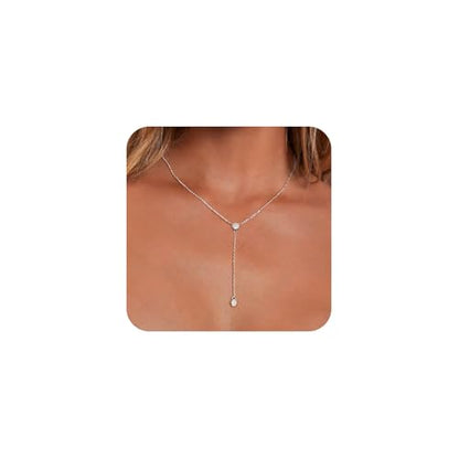 LULII Lariat Gold Necklace for Women Trendy Dainty 14k Gold Plated/Silver Layered Chain Drop Necklaces Y-Shaped Necklace Jewelry for Women Gifts - color: Y 2CZ Necklace-Silver