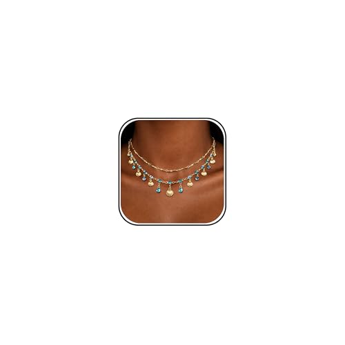 Layered Shell Necklace for Women Gold Seashell Charm Necklace with Crystal Style Drops Tropical Beach Vacation Jewelry Summer Outfit Accessories for Dresses Swimsuits Cruises and Gifts - color: A1:shell necklace