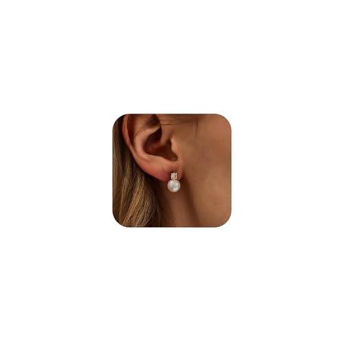 WFYOU Pearl Earrings for Women 925 Sterling Silver Stud Earring | 14K Gold Plated Hypoallergenic Stud Earrings, White Diamond Dainty Bridal Earring, Trendy Jewelry, Wedding Party Gifts - color: Gold B, size: 9mm