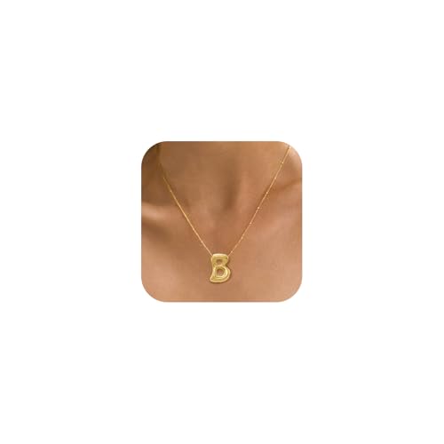 Bheop Initial Necklace for Women, Gold Silver A-Z Bubble Letter Necklace | Chunky Personalized Monogram Name Pendant, Cute Balloon Charm, Dainty Beaded Chain, Trendy Jewelry Gifts, Non Tarnish - color: Gold, style: B