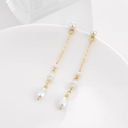 Gold Dangle Earrings for Women, 14K Threader Long Chain Drop Earrings Dangling Dainty Elegant Ear Chain with Tassel and Cubic Zirconia for Wedding Trendy Jewelry Gifts - color: Pearl Tassel
