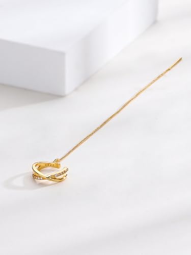 Long Chain Cuff Earrings Gold Silver Wrap Tassel Earrings Minimalist Cz Round Stud With Chain Cuff Double Piercing Jewelry Statement Fake Earrings for Women - color: style1-gold-1pcs