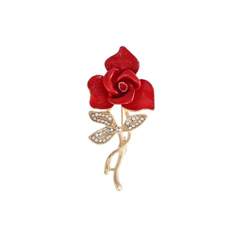 Rose Flower Brooch Pin for Women Fashion Dainty Gold Plated 3D Red Roses Floral Crystal Brooch Pin Birthday Dress Suit Accessories Jewelry - style: Rose