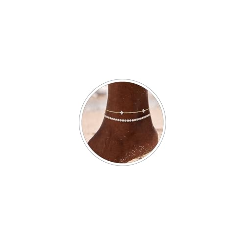 Robaice Adjustable Ankle Set for Women Waterproof, 14K Gold Plated | Layered Cuban, tennis, herringbone and clover chain styles, waterproof and non-tarnish for everyday wear or gifting - color: Tennis & Clover - Gold (2pcs)