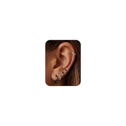 Tungary Small Gold Hoop Earrings for Women Huggie CZ Hoops Earring Stacks | Hypoallergenic Earing Hoops for Sensitive Ears, Earrings Stack Set for Cartilage, Secure Clasp, Silver/Black/14K Gold Plated - color: Black-Plain & CZ Huggies