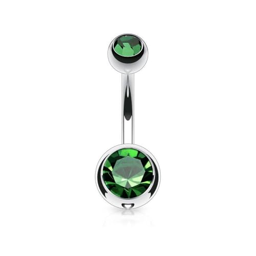 Belly Button Piercing Ring 14 Gauge Surgical Steel - color: Double GREEN CZ gem
