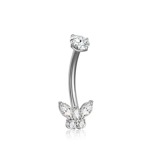 XUU Titanium Belly Button Rings 14G, Implant-Grade Navel Piercing, Luxury CZ Shape with Flower Butterfly, Hypoallergenic Curved Barbell Jewelry for Women, Gold or Silver - style: Butterfly-Silver