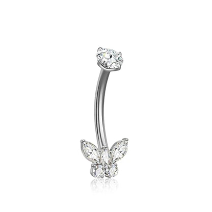 XUU Titanium Belly Button Rings 14G, Implant-Grade Navel Piercing, Luxury CZ Shape with Flower Butterfly, Hypoallergenic Curved Barbell Jewelry for Women, Gold or Silver - style: Butterfly-Silver