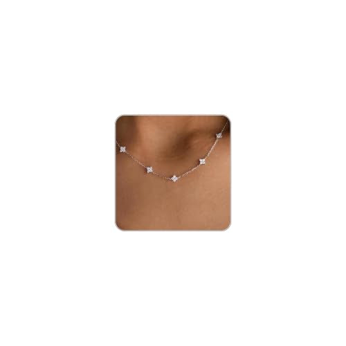 Dainty Silver Gold Necklaces for Women Cute Station Choker Simulated Diamond Necklace Simple Layering CZ Necklace Trendy Jewelry Gifts - color: Silver, style: Flower