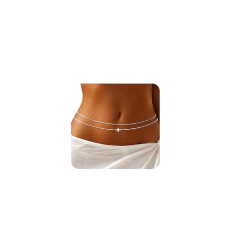 Cross Waist Chain, Women Layered Belly Chain, 2Pcs Minimalist Body chains for Causal Beach - color: Silver
