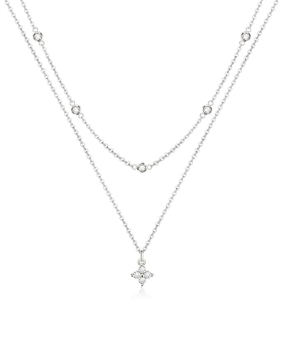 ACECHA Silver Necklace for Women, Dainty Layered Stack Set | silver plated, stackable, choker necklaces with cz pendant, ideal for daily prom wedding jewelry - color: silver-diamond clover