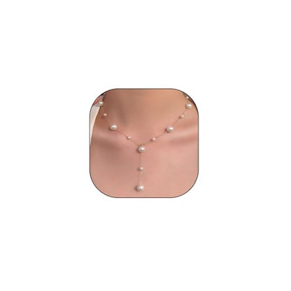 Boho Pearl Y Shape Necklaces for Women, Dainty 14k Gold Plated Pearl Beaded Chain Choker Necklace Trendy Jewelry Accessories Gift - style: Modern