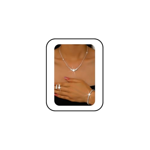 Silver Wedding Prom Jewelry Sets Sparkling Crystal Chain Necklace Earrings Bracelet Set Rhinestone Wedding Set Formal Prom Costume Jewelry Sets for Women and Brides - color: Silver