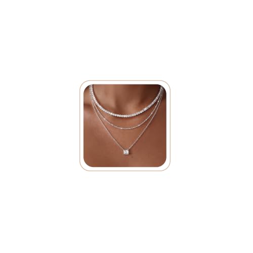 CHESKY Layered Silver Necklace for Women Trendy,Dainty Silver Plated Stackable Charm Necklace Layering Paperclip Tennis Rope Chain CZ Pendant Jewelry Set Gifts - style: tennis