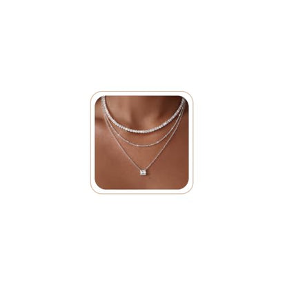CHESKY Layered Silver Necklace for Women Trendy,Dainty Silver Plated Stackable Charm Necklace Layering Paperclip Tennis Rope Chain CZ Pendant Jewelry Set Gifts - style: tennis