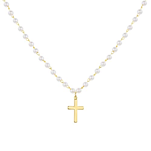 itianxi Dainty Cross Charm Pendant Necklaces,14K Gold Tiny Three Ball Necklace,Simple Fashion Jewelry for Women - color: pearl cross