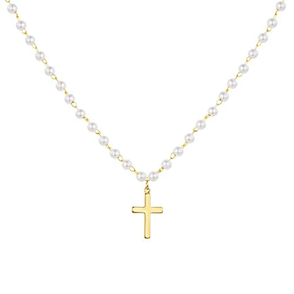 itianxi Dainty Cross Charm Pendant Necklaces,14K Gold Tiny Three Ball Necklace,Simple Fashion Jewelry for Women - color: pearl cross
