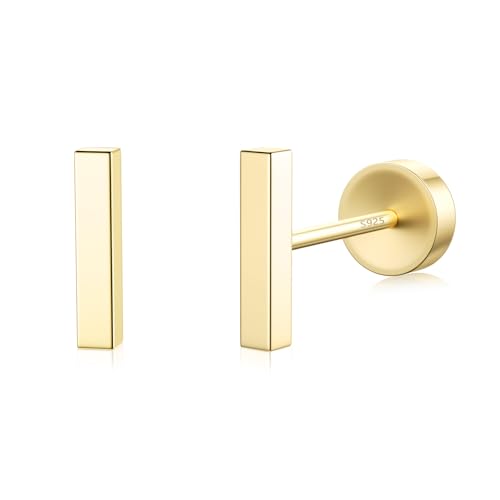 JIAYIQI Minimalist 925 Sterling Silver Stud Earrings Set, 14K Gold Plated Hypoallergenic Tiny Bar Dot Heart Star Studs for Women & Men - style: Gold-Bar-Flatback-1 Pair