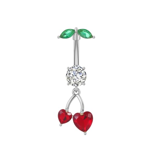 Cute 316L Surgical Steel CZ Cherry Dangle Belly Button Ring 14G Crystal Cherry Belly Navel Rings Navel Curved Barbell Dangling Body Piercing Jewelry 3/8 Inch - color: Silver