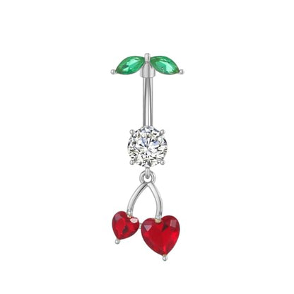Cute 316L Surgical Steel CZ Cherry Dangle Belly Button Ring 14G Crystal Cherry Belly Navel Rings Navel Curved Barbell Dangling Body Piercing Jewelry 3/8 Inch - color: Silver