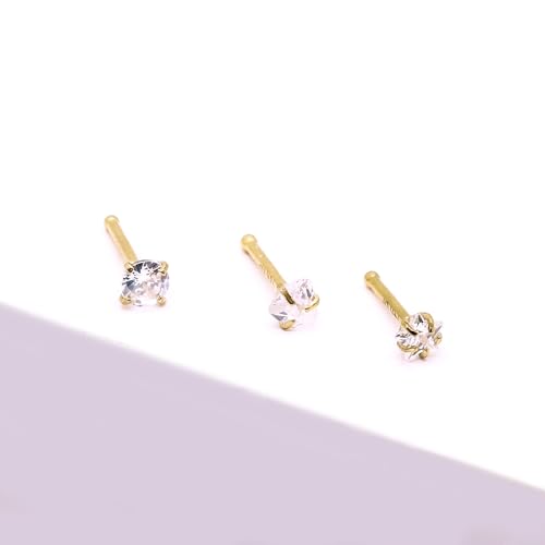 3 Pcs 14K Gold Filled Nose Studs 20G Stainless Steel Stud Nose Ring 2mm/2.5mm/3mm Round CZ L Bend Nose Stud Hypoallergenic Nose Piercing - color: gold hoop stud 8