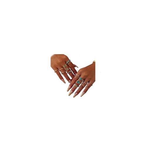 Chunky Gold Rings for Women Non Tarnish, Baroque Pearl Flower Tiger's Eye Stone Rings Adjustable Stacking Statement Rings Set Fashion Jewelry Gifts - style: All Green Set