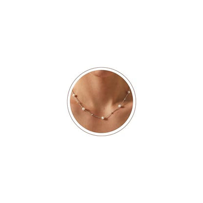 Pearl Necklace for Women, Dainty Pearls Choker Necklace for Women 14K Gold Plated Layered Pendant Necklace Handmade Gold Chain Necklace Everyday Jewelry Gift - color: Bead Pearl-Silver
