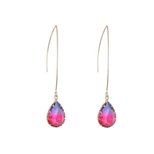 Aquamarine Green Gradient Quartz Teardrop Earrings Gold Plated Transmittance Quartz Drop Dangle Earring For Women Girls Personalized Handmade Jewelry Earrings - color: Blue Gradation Red