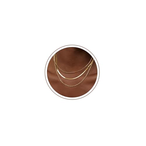 Freekiss Layered Necklace Set for Women Stackable | Herringbone Snake Cuban Rope Chain, Dainty Choker, Layered Stackable, Non Tarnish, Hypoallergenic, Adjustable 14-18.5" - color: Gold, style: 3Snake+Rope+Cuban