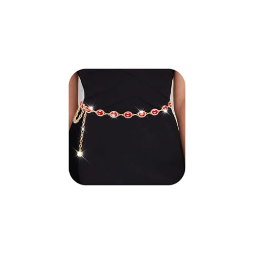 Red Rhinestone waist chain for Women Western Belt Golden Jewelry Chain - color: Red