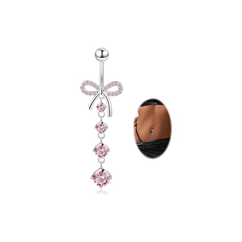 REVOLIA 14G F136 Titanium Dangle Belly Button Ring for Women Dangling Navel Ring Hypoallergenic Belly Ring Externally Threaded Barbell CZ Bow Navel Piercing Jewelry - color: Pink