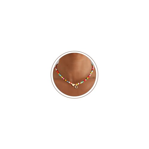 M MOOHAM Initial Necklace for Women Girls, Colorful Beaded Necklace, A-Z | Necklace for Women Girls, Dainty Heart Initial Necklace, 14K Gold Plated, Personalized Birthday Gifts for Teen Girl Jewelry - color: G