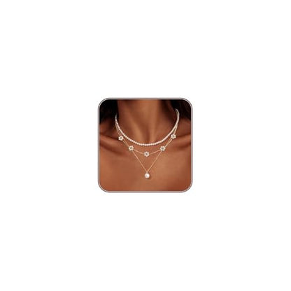 LULII Pearl Necklaces for Women 14K Gold Plated Dainty Layered Single Pearl Necklace Simple Daisy Pearls Choker Cute Gold Necklace Stack Jewelry Sets for Women Trendy Gifts - color: Gold-Layered Daisy Pearl Set