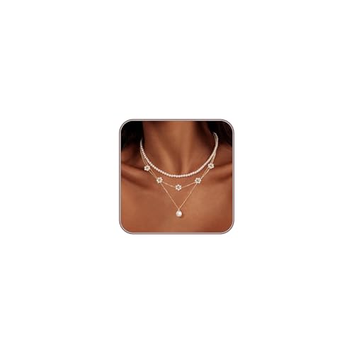 LULII Pearl Necklaces for Women 14K Gold Plated Dainty Layered Single Pearl Necklace Simple Daisy Pearls Choker Cute Gold Necklace Stack Jewelry Sets for Women Trendy Gifts - color: Gold-Layered Daisy Pearl Set