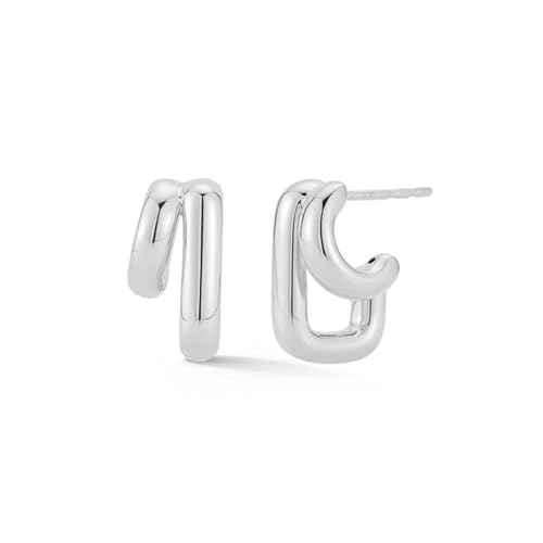 Obidos 14K Gold Plated Illusion Stud Earrings for Women | Triple Huggie Hoop Earrings for One Hole| Trendy Simple Hypoallergenic Fashion Accessories Gold Jewelry Gifts for Womens - color: Double Hoops - White Gold