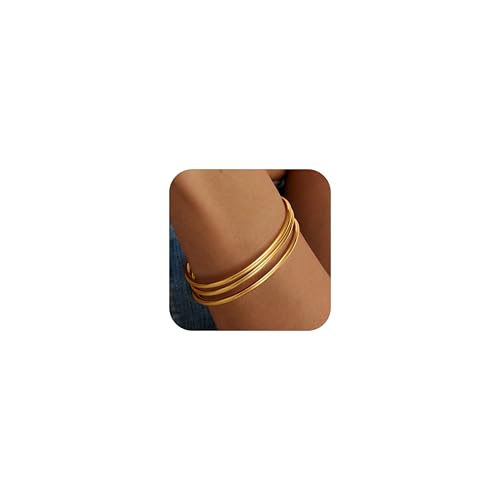 Awinesn 18K Gold Plated Bangles for Women Stainless Steel Glossy Stackable Thin Round Bracelets Solid Plain Polished Bangles Bracelets Set of 3 Jewelry for Women - size: 8 inches, style: round-3-G