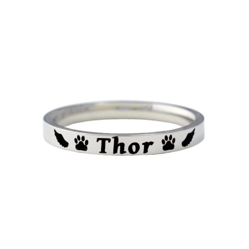 Angel Wings Pet Memorial Name Ring - Custom Stainless Steel Band Ring, Pet Memorial Name, Love Dog Paw print, Personalized Pets Owner Gift for Dog or Cat Mom, Pets Lover