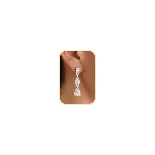 Dangle Earrings for Women - 14K Gold/White Gold/Rose Gold Plated Butterfly Heart Star Hoop Chain Long Tassel Cubic Zirconia CZ Dangle Earrings - color: silver teardrop