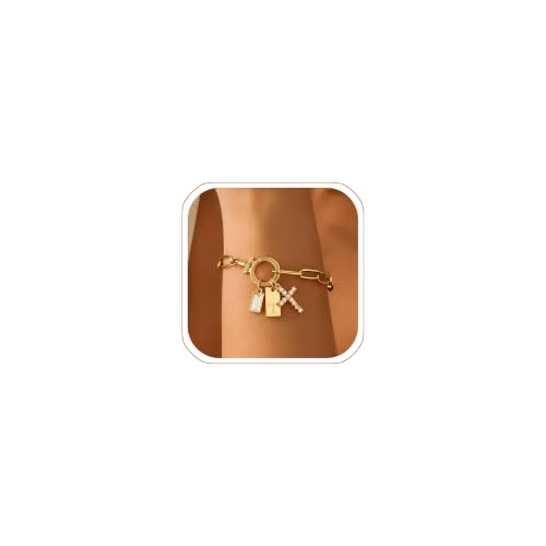 Initial Cross Charm Bracelet, 18K Gold Plated Dainty Paperclip Link Chain Bracelets for Women, Non Tarnish, A-Z Letter Bracelet Personalized Gifts Gold Jewelry for Women - color: Letter-T