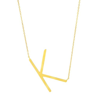 MAX + STONE 14k Gold Plated Sterling Silver Large Sideways Block Initial Letter Pendant Necklace for Woman with 16 Inches to 18 Inches Adjustable Chain and Spring Ring Clasp - style: Letter K