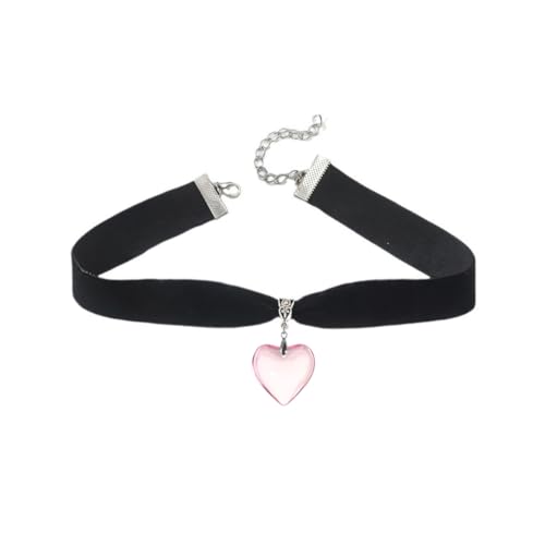 Puffy Heart Necklace for Women Crystal Heart Chunky Necklace Pendant Black Velvet Choker Necklace Christmas Jewelry Gift - color: Pink