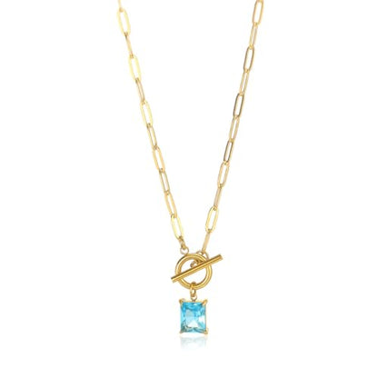 Diamond Necklaces for Women Natural Stone Paperclip Toggle Necklace 14K Gold Plated Emerald Birthstone Necklace for Women Paper Clip Chain Blue Green Cubic Zirconia Pendant Birthday Gifts for Women Mother Jewelry - color: 03. March(Aquamarine)