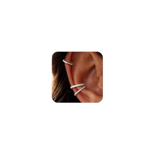 Carffordo 3Pcs Ear Cuffs Non Piercing for Women, Dainty Clip on Earrings | Trendy 14K Gold Plated Ear Cuff with Cubic Zirconia, Fake Piercing Cartilage Earrings, Lightweight Jewelry for Daily Wear - color: 02-Silver Ear Cuff