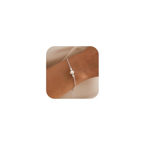 Bracelets for Women, Dainty Gold Silver Ring Bracelet Hand Chain | Cubic Zirconia Pearl Charms, 14K Gold Plated, Adjustable Fit, Trendy Stackable Link Chain, Waterproof Jewelry, Gift for Her - color: Silver-pearl cz bracelet