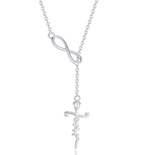 FANCIME White Gold Plated 925 Sterling Silver High Polished Infinity Cross Pendant Lariat Necklace Y Necklace Gift for Women, 18" - color: Faith